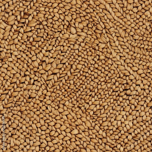 Overhead full-frame photograph of circular rattan placemat with intricate woven pattern, natural light highlighting textures and shadow depth