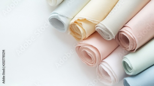 Minimalist image of cotton fabric rolls in gentle pastel tones, arranged in diagonal stack on clean white background, emphasizing textile softness