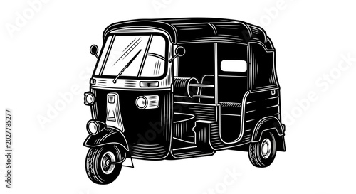 Canvastavla Tuk Tuk, Auto Rickshaw, Vector Illustration, Black and White, Transportation Ico
