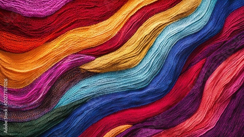 Colorful cotton threads laid in cascading ripples, rich ethnic color palette referencing traditional Guatemalan fashion, with strong textural detail