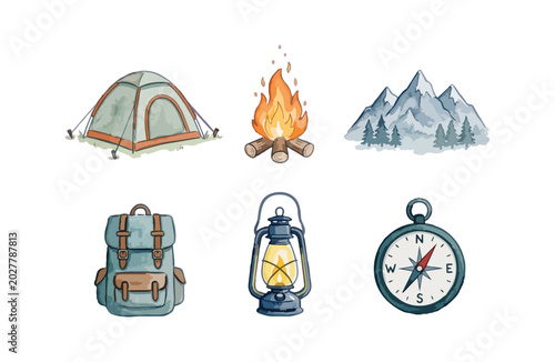 Watercolor camping elements icons set with tent bonfire mountains backpack lantern and compass on white background