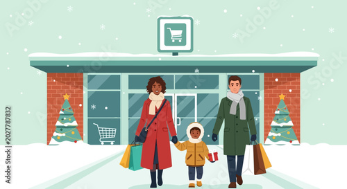 Foto Family shopping at store on snowy day, holiday season concept, winter background