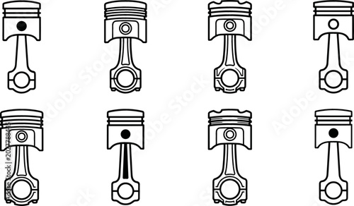 Bild auf Leinwand Engine Piston Vector Icon Set with Car Motor Parts and Connecting Rod Symbols fo
