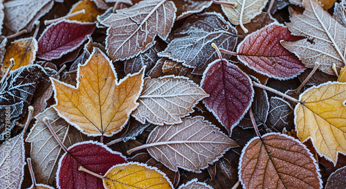 Vibrant autumn leaves with frost create a stunning seasonal backdrop for any design project