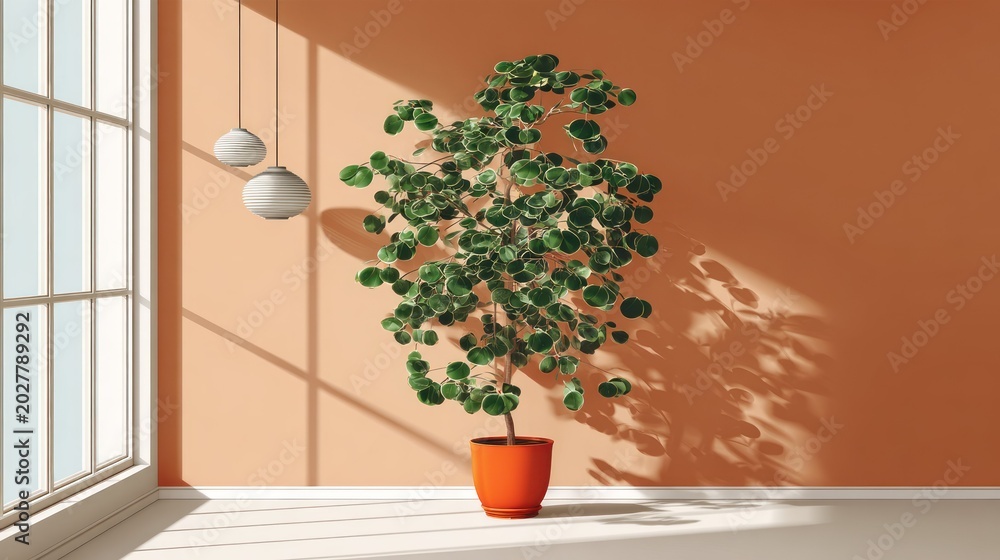 Fototapeta premium Interior room scene displays a potted foliage plant illuminated by bright sunlight casting sharp shadows.