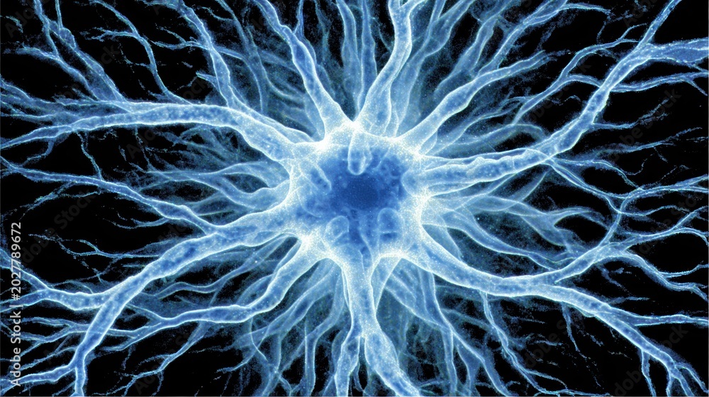 Fototapeta premium Illuminated biological cell structure radiates energy across a dark background