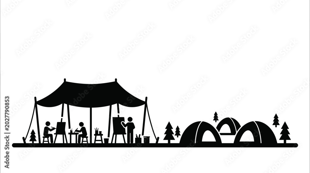 Naklejka premium Artists painting in nature with tents and trees nearby
