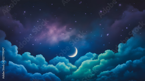 Crescent moon glowing among dramatic colorful clouds in a dark starry night sky