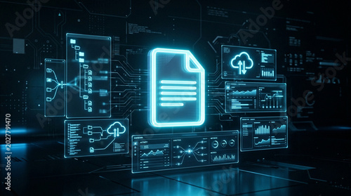 Glowing document icon in futuristic blue digital interface with cloud data charts and network panels, concept of file storage, security, and analytics