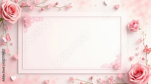 Beautiful pink rose flower frame with delicate butterflies and floral decorations for wedding invitation or romantic greeting card design