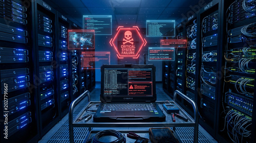 Laptop server room with holographic warning alerts red neon danger icons data center server room with laptop and holographic warning alert cyber security threat with critical system failure dark