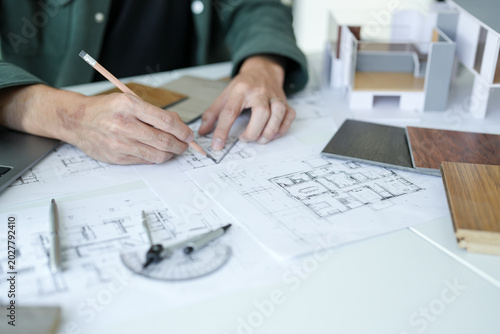 Obraz na płótnie Architecture interior Asianman Creative project plan designer home and Choose interior materials  drawing interior on blueprint
