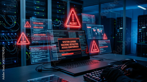 System error hacking alert laptop warning icon cyber attack data breach compromised access security breach server room red alert