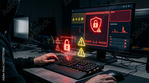 Unauthorized access alert cyber security warning icon lock icon computer screen hacker attack network activity data breach digital threat control room unauthorized access alert visualization