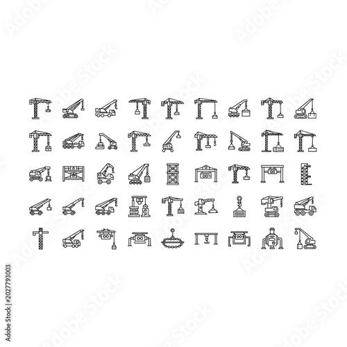 Comprehensive set of industrial crane and heavy machinery line icons