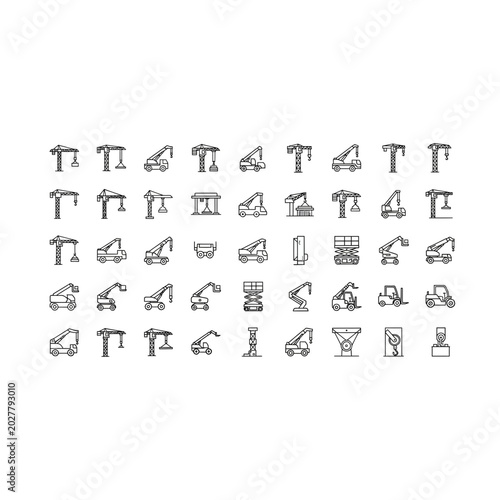 Diverse collection of industrial crane and lifting machinery line icons