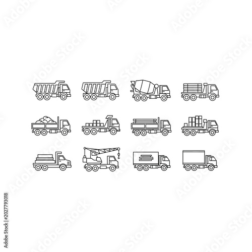 Industrial heavy transport trucks and construction vehicles icon set