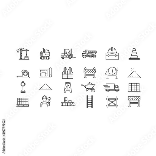Comprehensive construction site machinery and tool icon set with construction