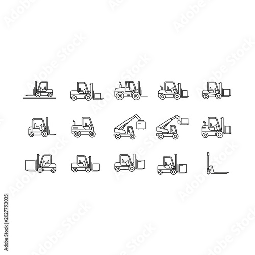 Material handling forklift and warehouse equipment icon set with forklift