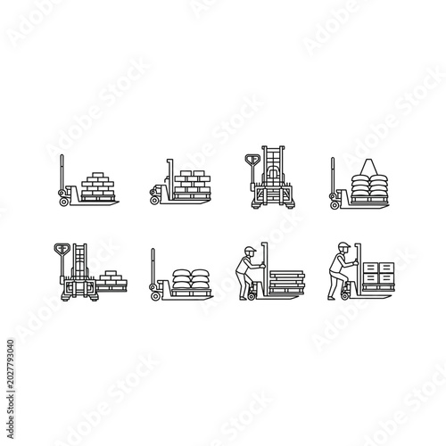 Manual and electric pallet jack operation icons with forklift, warehouse