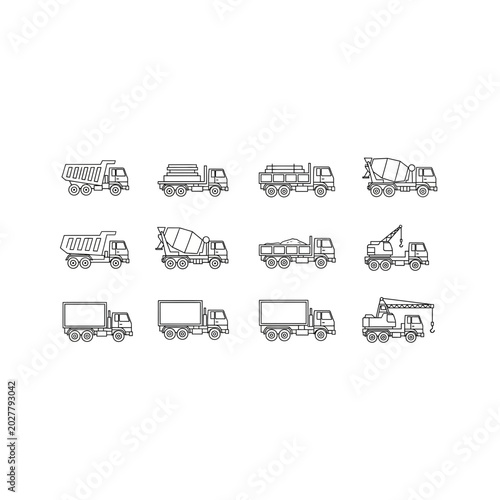 Heavy construction and concrete mixing transport trucks icon set with concrete