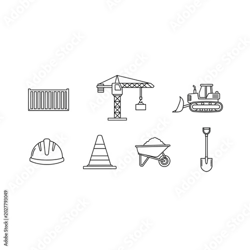 Construction and building site equipment line icon set with construction