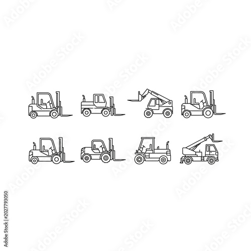 Set of forklift and industrial vehicle line icons with forklift, industrial