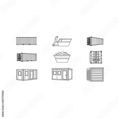 Shipping container and cargo storage unit icons with container, shipping