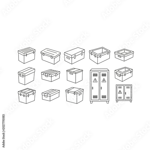 Industrial storage lockers and shipping container icons with container, shipping