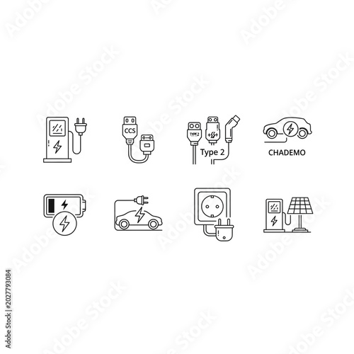 Electric vehicle charging station and battery icon collection with electric