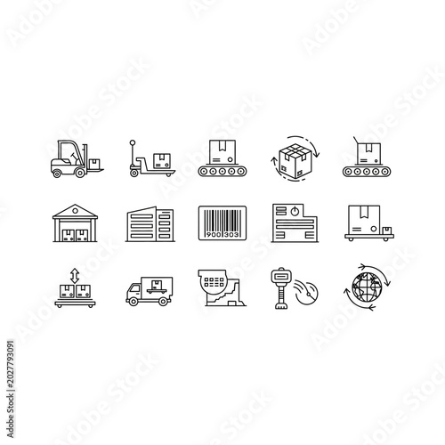 Set of warehouse logistics and supply chain management line icons with logistics