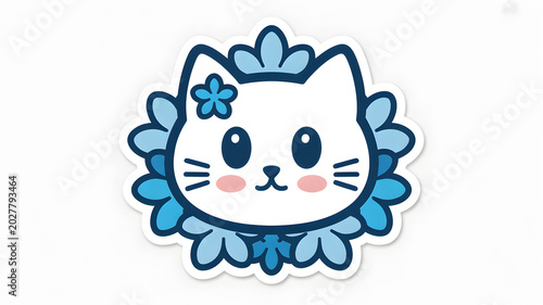 Cute cartoon white cat face sticker with blue flower like frills