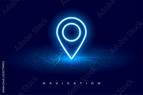 Schilderij op canvas glowing neon blue location pin over digital gps navigator city map