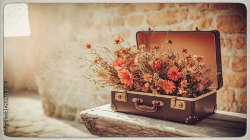 Vintage Suitcase Filled with Wildflowers in Warm Sunlight