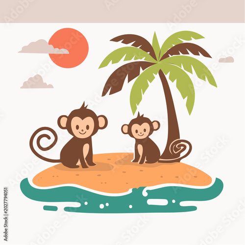 Two cartoon monkeys on a tropical island with a palm tree
