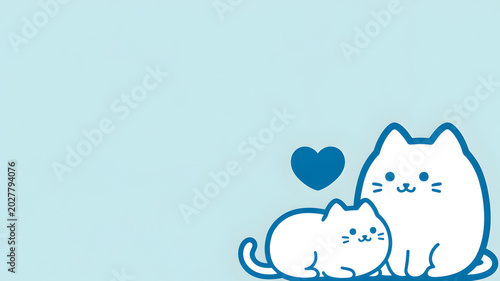 Cute white cartoon cats with blue heart on light blue