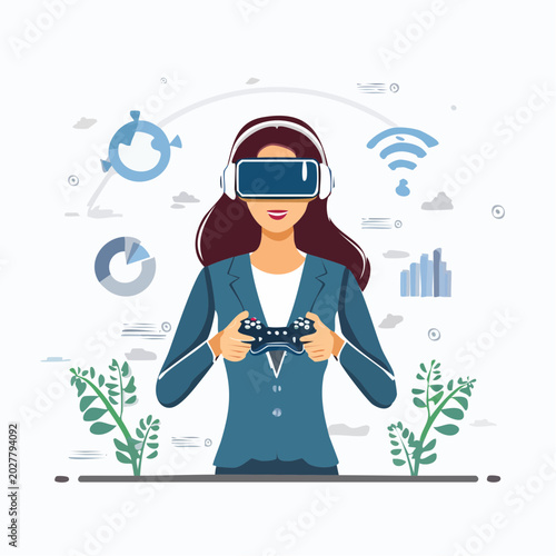Woman Playing Virtual Reality Game with Controller and VR Headset