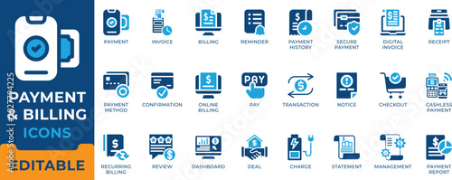 Fotografi Payment and billing icon set featuring digital invoice, online transaction, secure checkout, mobile financial reminder, recurring billing statement, and receipt management symbols