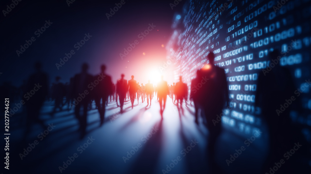 Fototapeta premium Silhouetted people walking beside a wall of digital code, symbolizing data society, cybersecurity and technological transformation. 