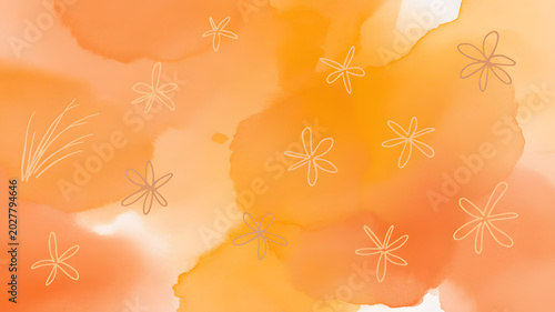 Delicate line drawn flowers and grass adorn a vibrant orange watercolor washed canvas