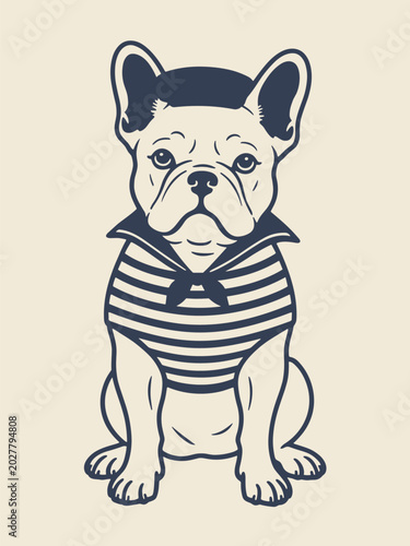 French bulldog wearing a navy and white striped sailor shirt with a dark blue collar and knot animal