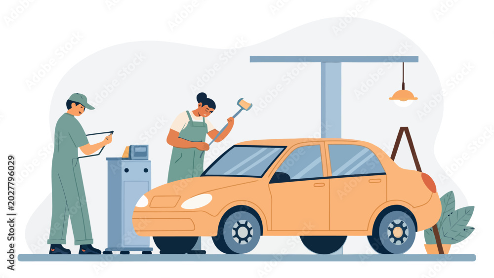 Naklejka premium Two mechanics working on a car in a workshop one checking a clipboard auto repair automotive service manual labor mechanic workshop automobile maintenance mechanics profession technician