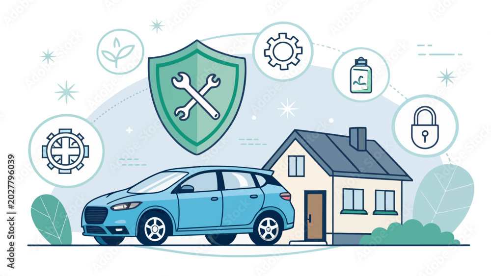 Naklejka premium Car and house with a shield icon representing insurance and protection plan financial security home insurance real estate insurance automobile protection security financial