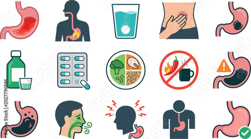 Bild auf Leinwand Acid Reflux and Digestive Health Vector Collection with Stomach Pain, Heartburn