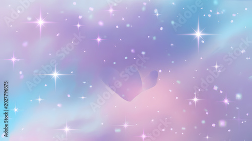 Dreamy pastel galaxy background featuring shimmering stars and subtle glowing heart shapes in a soft sky