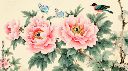 Chinese ink painting pink peony with butterfly light yellow ground green leaves bright colors little bird perched blue stones detailed high definition traditional garden sunlight