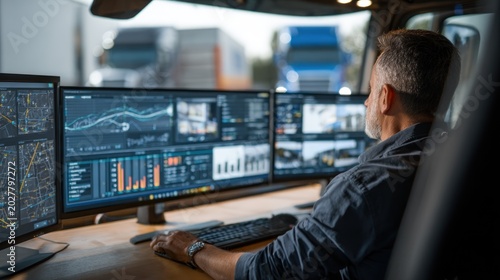Truck driver monitoring data on multiple screens in vehicle control center