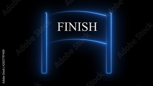 Neon glowing blue color  finish banner icon on black background. Race finish flag icon animation.