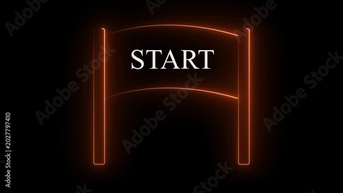 Neon glowing orange color start banner icon on black background. Race finish flag icon animation.