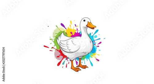Bild auf Leinwand White duck with colorful paint splashes.
